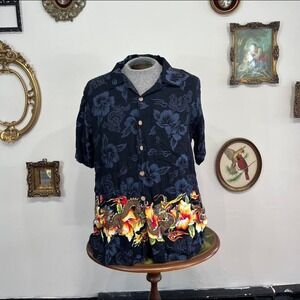 Vintage Y2k Kennington Dragon Hawaiian Shirt – Black Rayon Button-Up